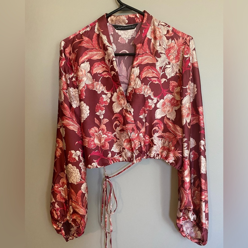 Zara Crop Wrap Front Tie Floral Blouse with Puffy Sleeves Size S - Picture 6 of 11